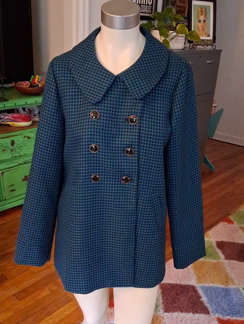 Darling Teal and Black Houndstooth Double-Breasted Peacoat